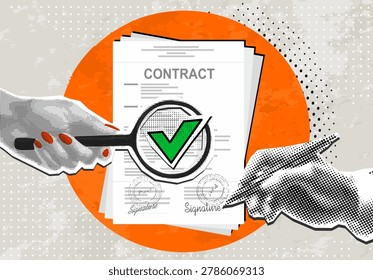 Trendy halftone collage. Contract review process.Concept of discussing a contract, scrutinizing, approved.