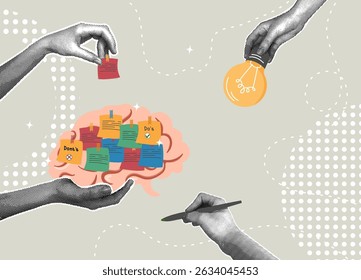 Trendy halftone collage. Creative brainstorming and problem solving concept. Thought concept, ideas memo, task reminder, mind map.