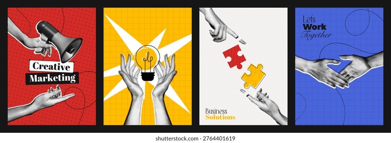 Trendy Halftone Collage Creative Marketing and Business Solution concept set of posters. Online adverting. Hands with Megaphone, Lightbulb and Puzzles. Partner handshake. Vector illustration art