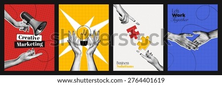 Trendy Halftone Collage Creative Marketing and Business Solution concept set of posters. Online adverting. Hands with Megaphone, Lightbulb and Puzzles. Partner handshake. Vector illustration art