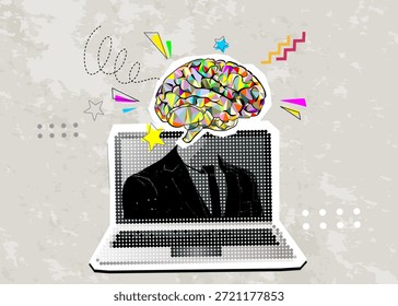 Trendy Colagem de Meio-Tom Mente criativa, brainstorm. Pessoa, homem de negócios, na tela laptop, especialista. formas geométricas cercadas.planejar e gerenciar para o sucesso de negócios, ideia inteligente e trabalho em equipe.	