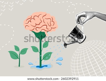Trendy halftone collage. Cultivation of knowledge that promotes the growth of the mind. Concept of self-improvement, gaining new knowledge, self-development. Vector illustration