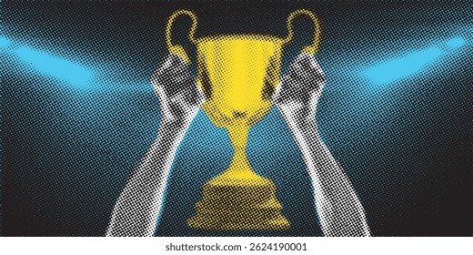 Trendy halftone collage with cut out hands holding a trophy against a background of spotlights. Modern design. Negative space for inserting text or advertising.