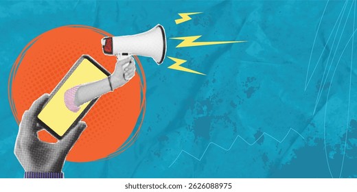 Trendy halftone collage with a cut out hand holding a smartphone, from the display of which a male hand with a megaphone sticks out. Inspiration, idea, trendy urban magazine style