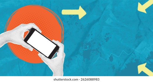 Trendy halftone collage with cut out hands holding smartphone, copy space.Capturing with a smartphone in horizontal perspective. The concept of smartphone photography.