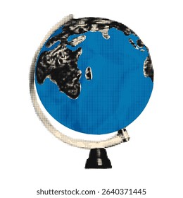 Trendy halftone collage cut out element. Physical globe of planet Earth with blue ocean paper clipping. Educational concept, geography, back to school. Modern retro mixed media vector illustration