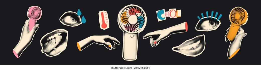 Trendy halftone collage cut outs set. Paper clippings, hands holding portable handheld fans, summer heat concept stickers with vintage texture and doodles. Modern retro mixed media vector illustration