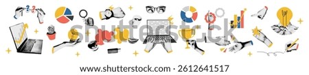 Trendy halftone collage cutout business elements set. Laptop, rising arrow chart, gears, handshake, watch, magnifier. Idea, teamwork, brainstorming and success concept Modern retro vector illustration