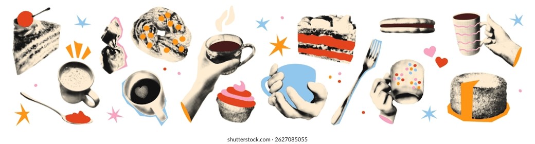 Elementos de corte de colagem de meio-tom na moda definidos. Mãos segurando xícaras e canecas de café quente ou chá ou cacau com sobremesa e doces. Ilustração vetorial retrô moderna isolada no fundo transparente