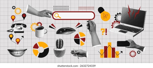Trendy halftone collage cutout innovation concepts. Job for hire online. Laptop, voice recorder, eyes, cactus, block, diagram, magnifier for technology, startup, idea. Contemporary vector illustration