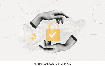 Trendy Halftone Collage Data is securely protected. Hands with padlock. Cyber security network. Confidentiality of personal information. Innovation technology. Contemporary vector illustration art