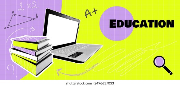 Trendy halftone collage depicting an online education concept. Features a computer laptop with a stack of books. Ideal for news courses, webinars, smart thinking, and brainstorming. Modern vector illu