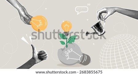Trendy halftone collage. Development of ideas, growth, innovation, and collaboration. The concept of failure, aspirations, and efforts to create new innovations, learning from mistakes, information