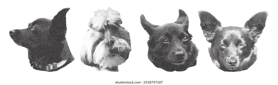 Trendy halftone collage dog heads. Set of retro elements in photocopy style