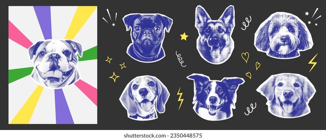 Trendy halftone collage Dogs different breeds sticker set. Funky doodle elements. Pet muzzle Retro halftone template for banner, poster, card. Contemporary vector illustration.