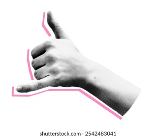 Trendy halftone collage element. Cut-out sticker of a shaka hand emoji gesture with dotted texture. Modern retro vector illustration isolated on transparent background