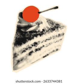 Trendy halftone collage element. Cutout piece of cake with red cherry on top, sticker with vintage dotted texture and doodle. Modern retro vector illustration for mixed media design
