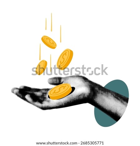 A trendy halftone collage element. A cut-out hand with money falling into it, a modern vector illustration with a vintage dotted texture. Mixed-media design on a transparent background.