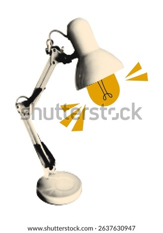 Trendy halftone collage element. Desk table lamp paper cut out. Modern retro vector illustration for mixed media design