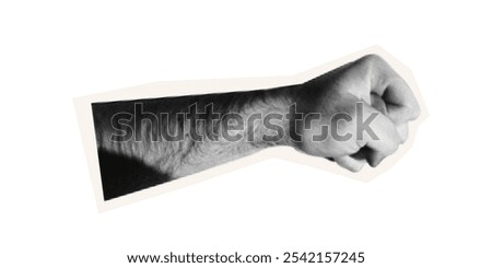 Trendy halftone collage element hand fist male protest. Element cut out hand in fist as a sign of strength. Retro punk design for poster social media banner, flyer