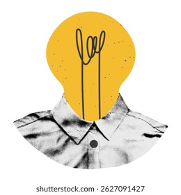 Trendy halftone collage element. Person, businessman, expert with light bulb instead head. Idea, brainstorming, problem solution concept Modern retro sticker for mixed media design vector illustration - Powered by Shutterstock - Get 15% off with code: PIKWIZARD15