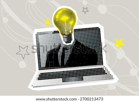 Trendy halftone collage element. Person, businessman,  on screen laptop, expert with light bulb instead head. Idea, brainstorming, problem solution concept Mixed design vector illustration
