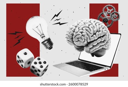 Trendy halftone collage elements creative mind or brainstorm. Create creative idea concept. Think outside the box. Vector.