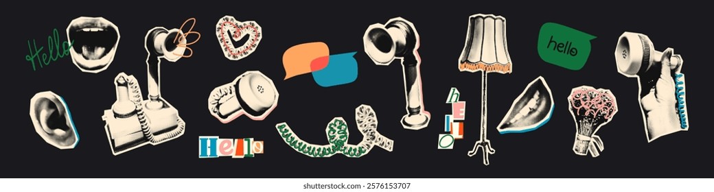 Trendy halftone collage elements set. Paper clipping shapes, old vintage wired phone with coiled cord, hand, ear, mouths, speech bubbles and doodles. Modern retro mixed media vector illustration