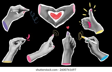 Trendy halftone collage elements set. Cut out from magazine hand emoji gestures collection. Various hands signs grunge punk dotted stickers. Modern retro vector illustration with doodles