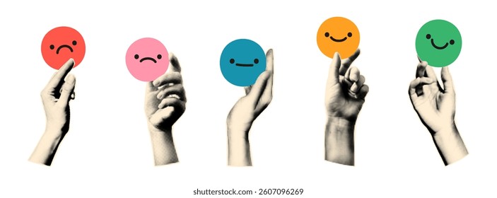 Trendy halftone collage elements set. Hands holding emoji, positive and negative feedback, customer review concept. Paper clipping shapes, cut out modern retro vector illustration on transparent