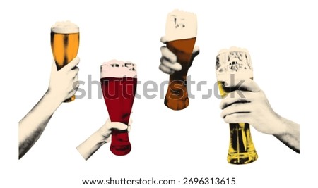 Trendy halftone collage elements set. Cutout hands holding various beer glasses, stickers with vintage dotted texture and doodles. Modern retro vector illustration for mixed media design