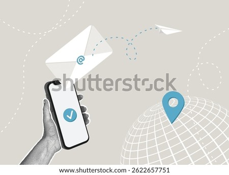 Trendy halftone collage. Email communication and global communication. Communication concept by email, phone or office location, customer communication, business information.
