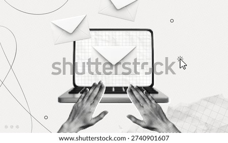 Trendy Halftone Collage Email Communication and Digital Marketing concept. Hands typing letter on computer laptop. Close envelope with document. Digital files. Contemporary vector illustration art