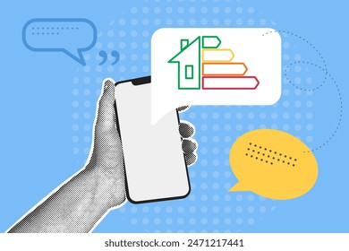 Trendy halftone collage. Energy efficiency concept. Man uses smartphone with virtual energy efficiency rating screen. Vector illustration