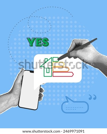 Trendy halftone collage. Energy efficiency concept.Man uses smartphone with virtual energy efficiency assessment screen.Home audit. Vector illustration