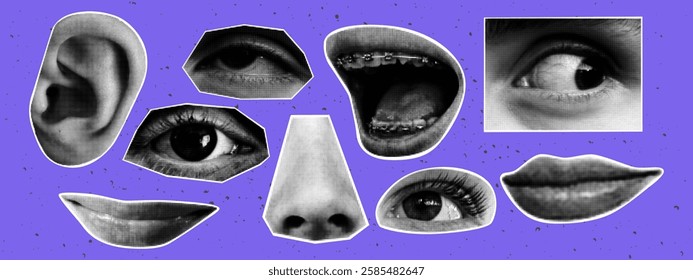 Trendy halftone collage eyes, lips and ear. Paper cutout elements. Retro vector illustration.