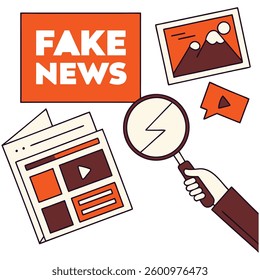 Trendy Halftone Collage Fake news concept. Spreading false information on website. Social media propaganda or disinformation. Hand holding magnifier glass. Contemporary vector illustration art
