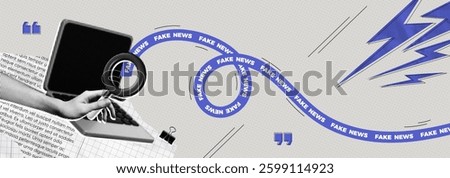 Trendy Halftone Collage Fake news concept. Spreading false information on website. Social media propaganda or disinformation. Hand holding magnifier glass. Contemporary vector illustration art