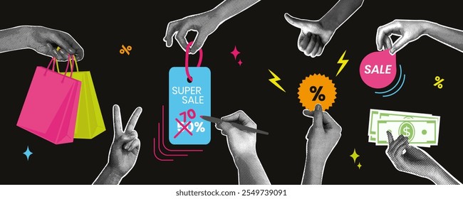 Trendy halftone collage. Fashionable retro collage from 80s with SALE theme for design. Image of hands with shopping,discount coupon, different gestures. Fashionable modern retro illustration in mixed