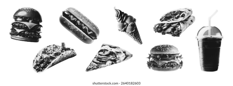 Trendy halftone collage fast food elements set.  Burger, waffles, donuts, pizza, ice cream, hot dog, drink, tacos. Vintage vector dotted stickers.
