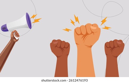 A trendy halftone collage featured a raised fist and hand, symbolizing resistance and unity. Vector Illustration