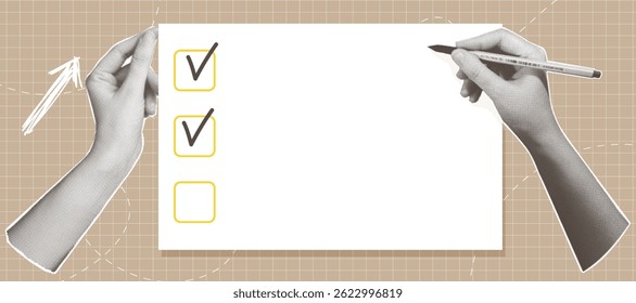 Trendy halftone collage featuring a checklist concept. A human hand marking checkboxes correctly. Vector EPS10