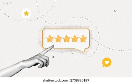 Trendy Halftone Collage Feedback or rating concept. Hand with gold five star rating. Best score point to review service. Five star for quality customer rating. Contemporary vector art illustration