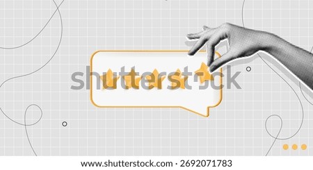 Trendy Halftone Collage Feedback or rating concept. Hand holds gold five star rating. Best score point to review service. Five star for quality customer rating. Contemporary vector art illustration
