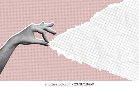 Trendy Halftone Collage Female Hand pulls torn paper. Social media announcing promotion and marketing. Empty space for your design. Сontemporary art vector illustration