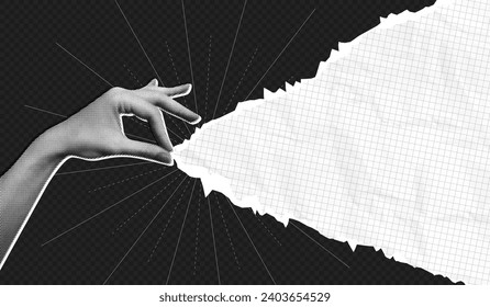 Trendy Halftone Collage Female Hand pulls torn paper. Social media announcing promotion and marketing. Empty space for your design. Сontemporary art vector illustration