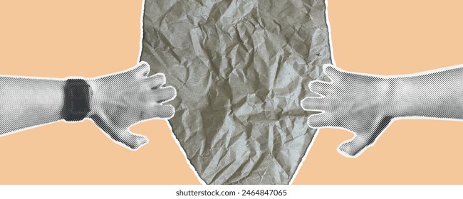 Trendy Halftone Collage Female Hand pulls torn paper. Social media announcing promotion and marketing. Empty space for your design. Сontemporary art vector illustration - Powered by Shutterstock - Get 15% off with code: PIKWIZARD15