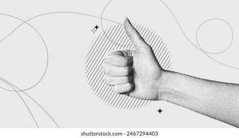 Trendy Halftone Collage female hand showing thumb up gesture. Stipple photocopy effect. Positive hand sign. Pixel pop art. Vector dots texture. Contemporary illustration art