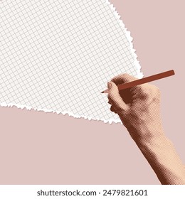 Trendy Halftone Collage Female Hand writing on torn checkered paper. Social media announcing promotion and marketing in muted vintage style. Empty space for your design. Trendy vector illustration