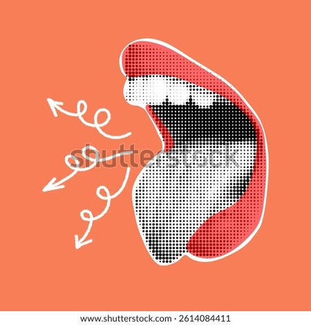 Trendy halftone collage with female open mouth with teeth and tongue sticking. Woman lips in retro style. Creative collage in Y2K style for social media, card, print on clothes